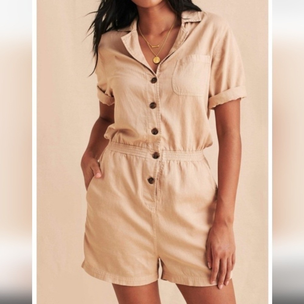 Faherty Utility Romper Womens M Tan Button Front Short Sleeve Casual